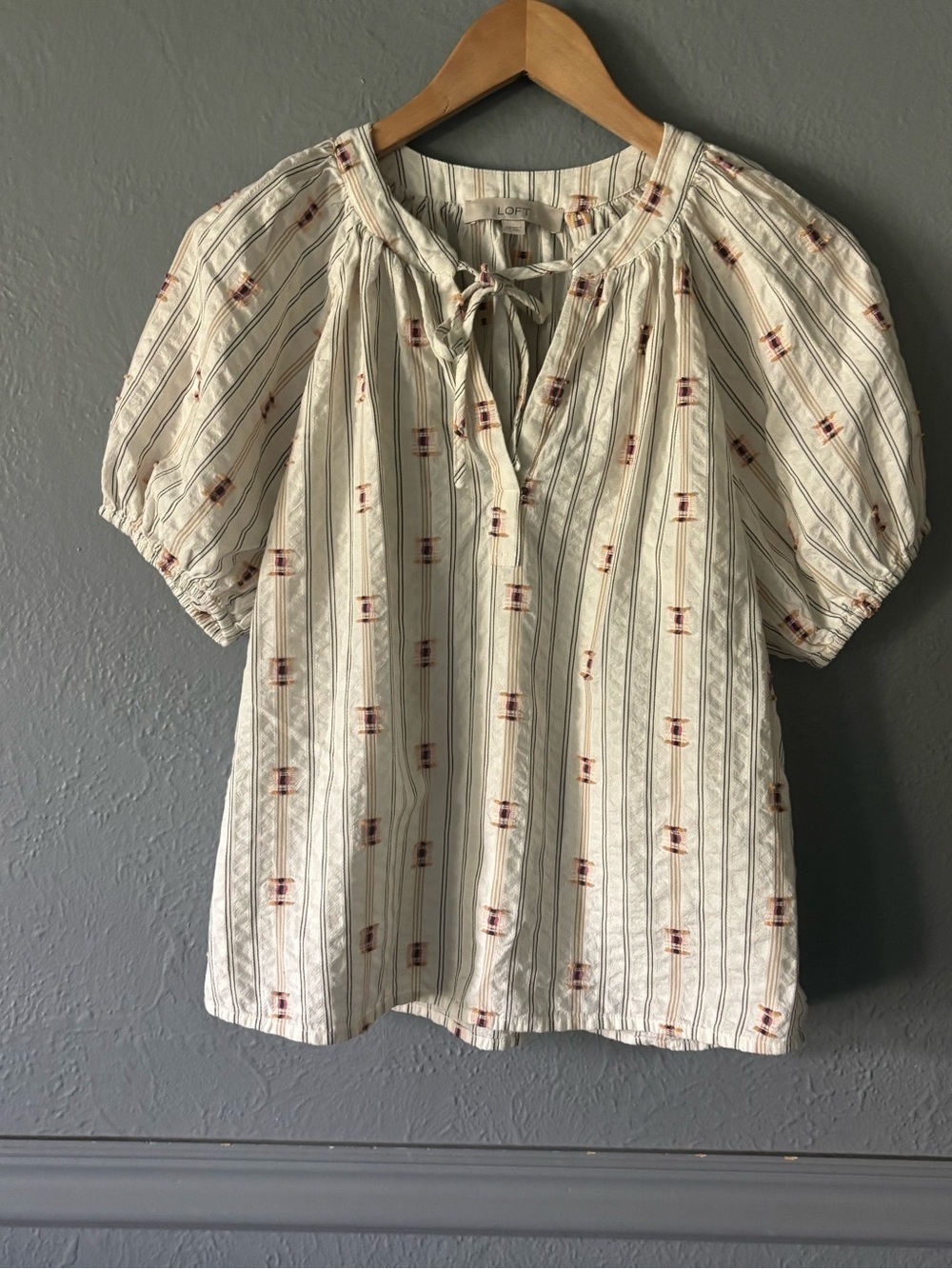 LOFT Embroidered Stripe Peasant Blouse Ivory Multi XS